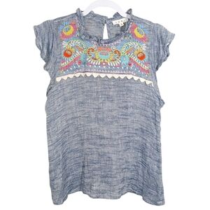 THML Blue Embroidered Boho Blouse Medium M Linen Blend Lace Trim Cap Sleeve